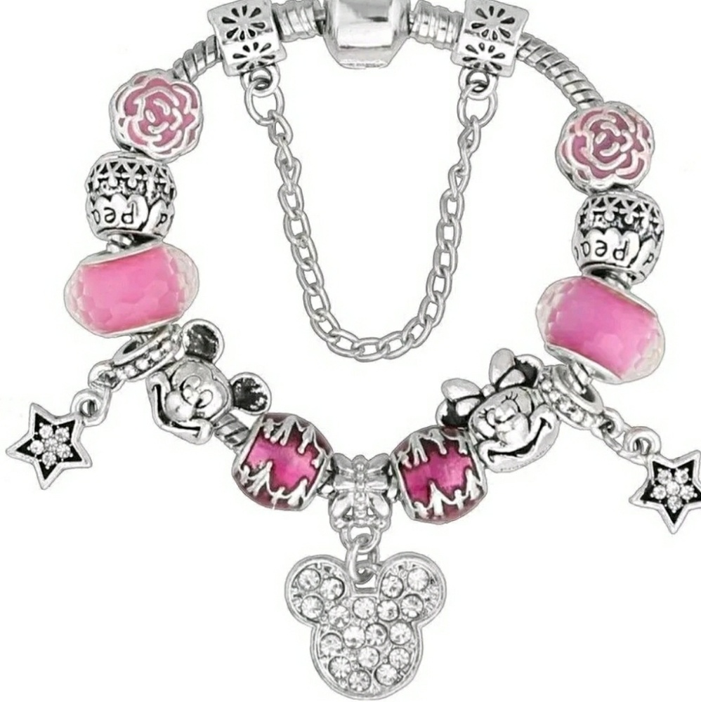 Pink and Silver Mickey and Minnie Charm Bracelet